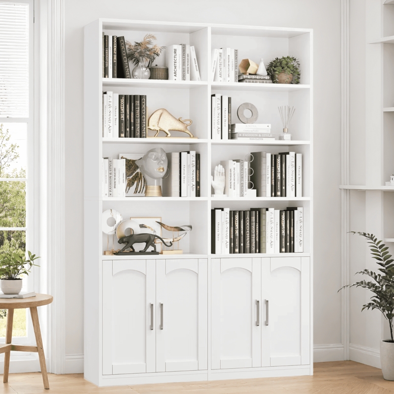 White 8-Cube Bookcase with Double Row Layout and Arched Doors