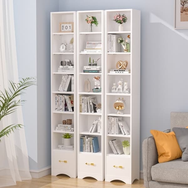White 8 Tier Bookcase with Bottom Drawer and Gold Arrow Pulls