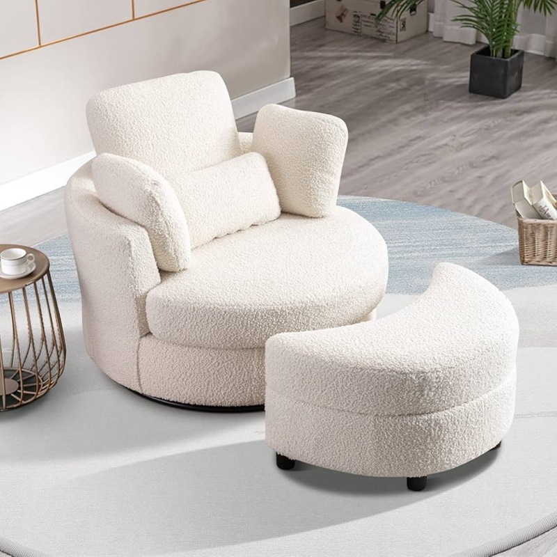 White Accent Chair With Boucle Texture And Swivel Base