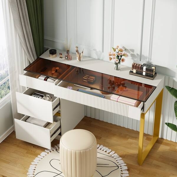 White and Gold Vanity with Ribbed Drawers and Tinted Glass Top