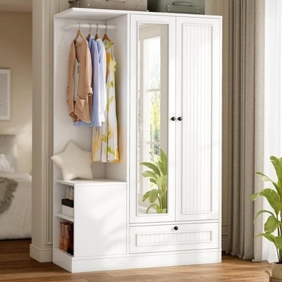 White Armoire Wardrobe Open Side Hanging Rod Slatted Door