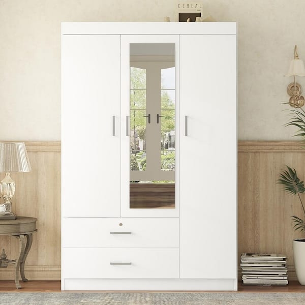 White Armoire with Mirrored Center Door and Lockable Drawer