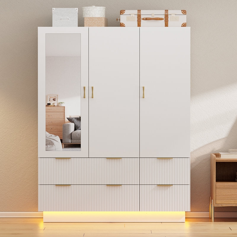 White Armoire with Ribbed Drawer Fronts and Integrated LED Lighting