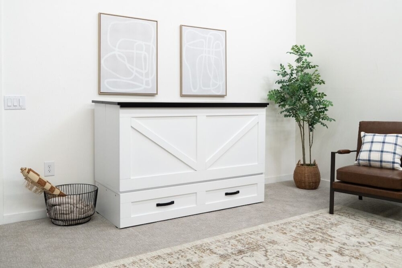White Barn Door Murphy Bed Cabinet with Black Hardware and X-Brace