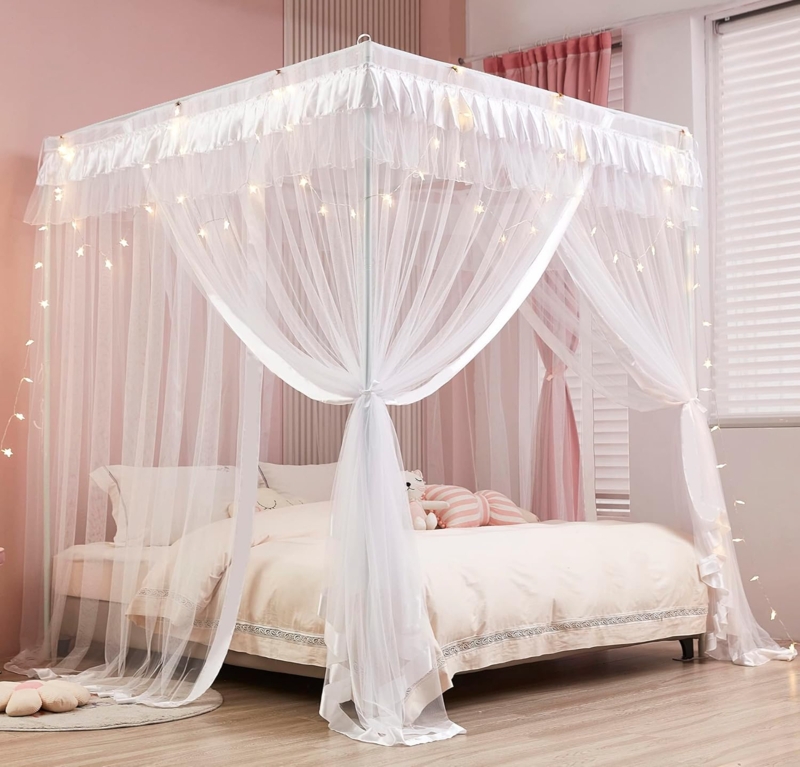 White Bed Canopy Curtains with Star String Lights and Mesh Fabric