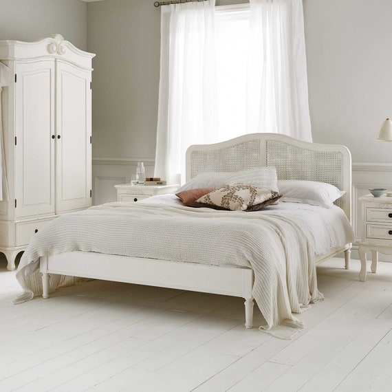 White Bed Frame with Cane Inlay Arched Headboard and Turned Legs