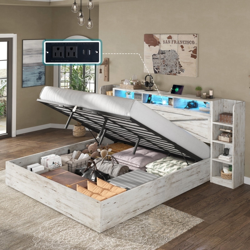 White Birch Hydraulic Storage Bed with LED Bookcase Headboard