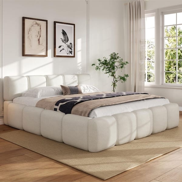 White Block Platform Bed Chunky Upholstered Frame Textured Boucle Fabric