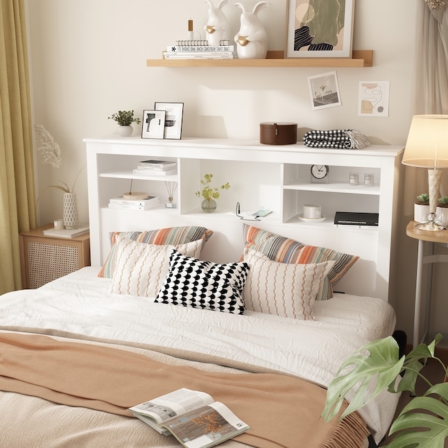 White Bookcase Headboard with Built-In Shelving and Charging Station