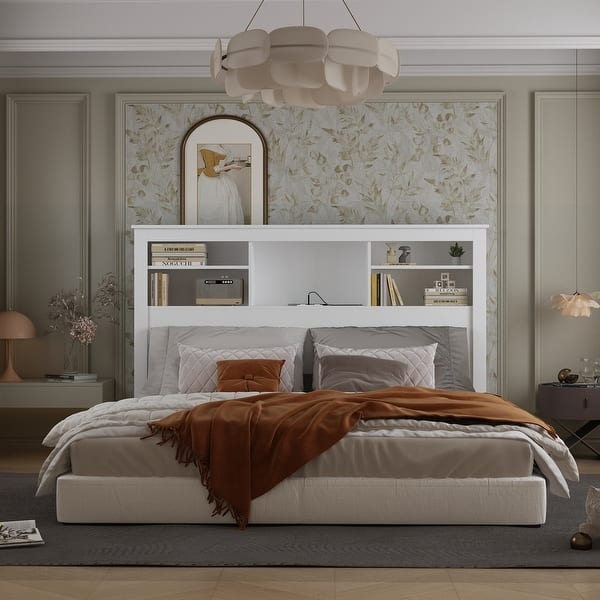 White Bookcase Headboard with Integrated Light Feature