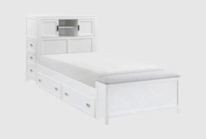 White Bookcase Storage Bed with Sliding Doors and Integrated Bench