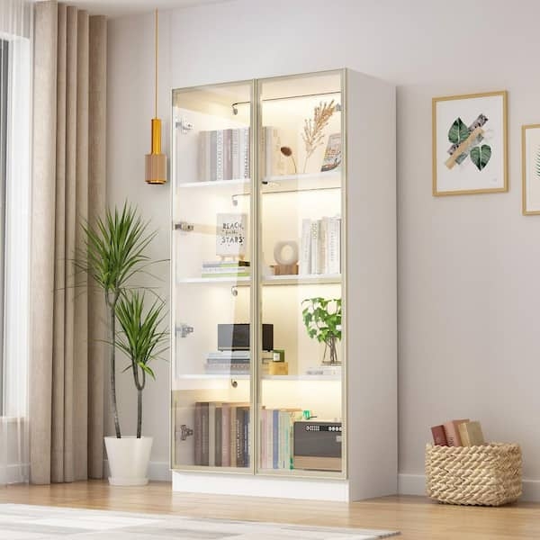 White Bookcase with Gold-Trimmed Glass Doors and LED Lighting