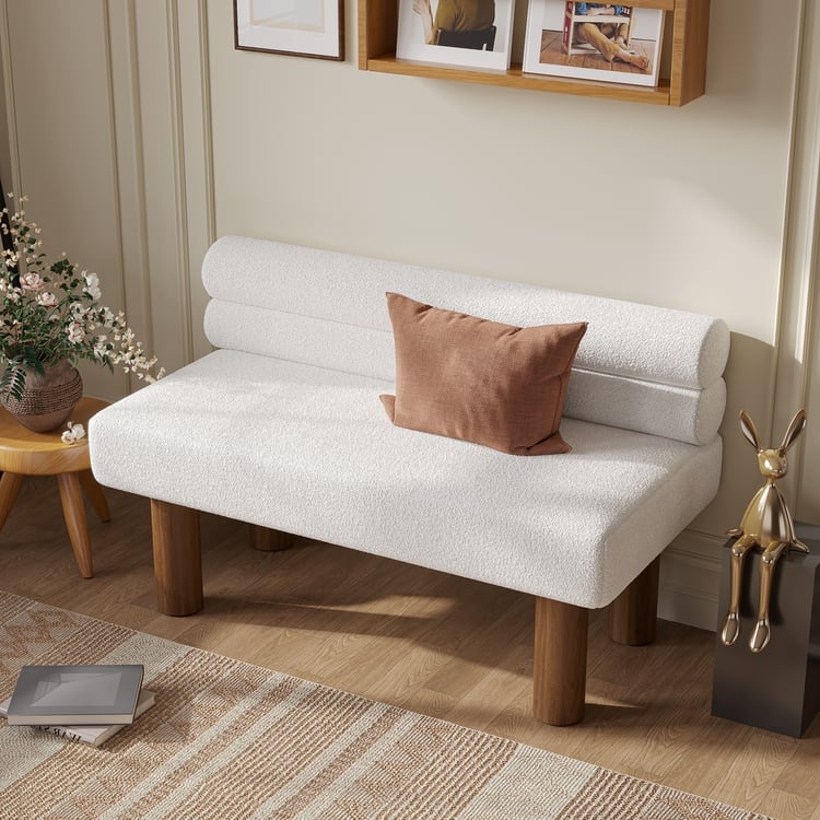 White Boucle Entryway Bench with Double Bolster Back