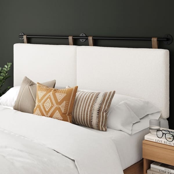 White Boucle Headboard with Black Metal Rail & Straps