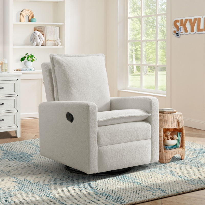 White Boucle Nursery Glider with Manual Recline and Square Arms