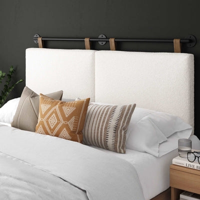 White Boucle Rail Headboard with Dual Hanging Panels