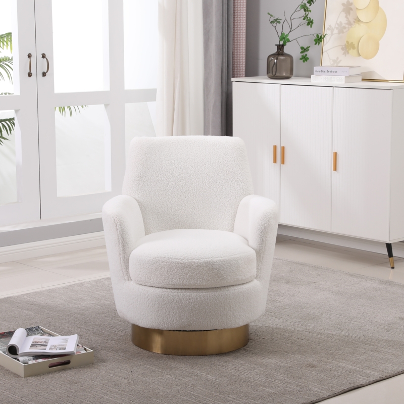 White Boucle Swivel Chair with Integrated Arms and Polished Base