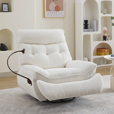 White Boucle Swivel Recliner with Integrated Accessory Arm