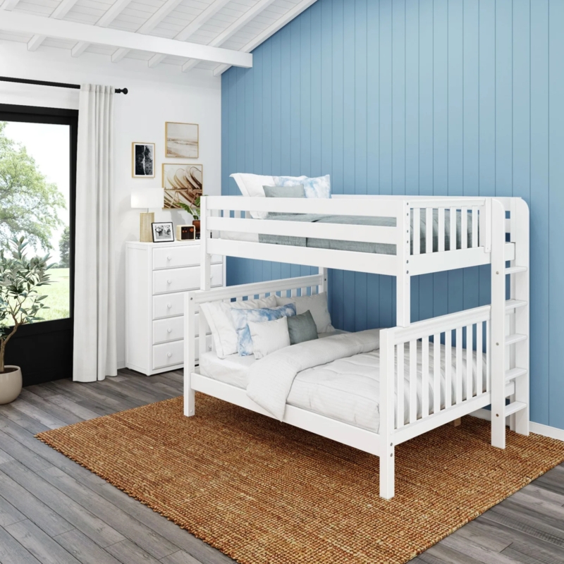White Bunk Bed Full XL Over Queen Slatted Headboard