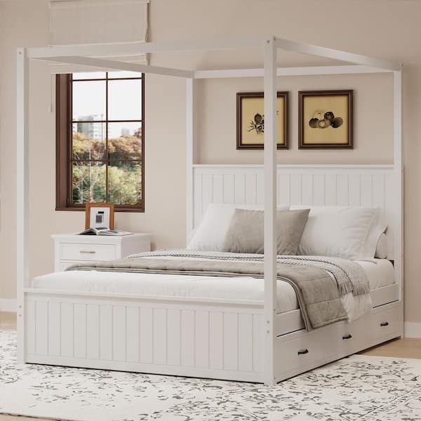 White Canopy Bed Trundle with Slatted Plank Detail and Storage