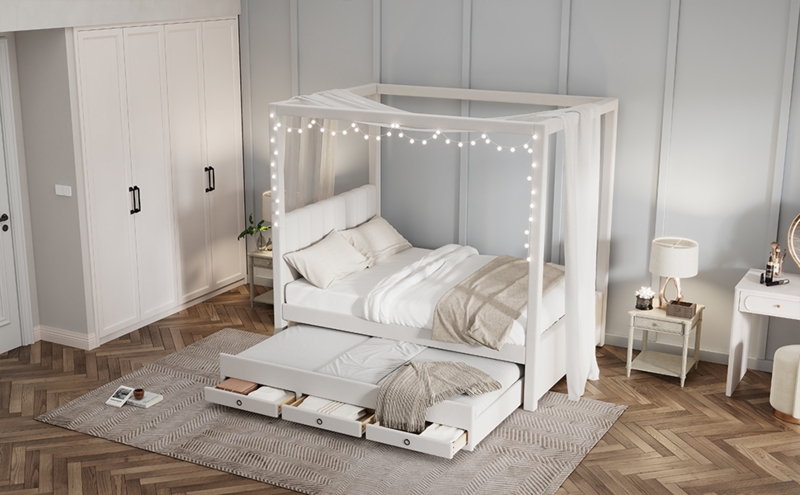 White Canopy Bed with Channel Tufted Headboard and Trundle