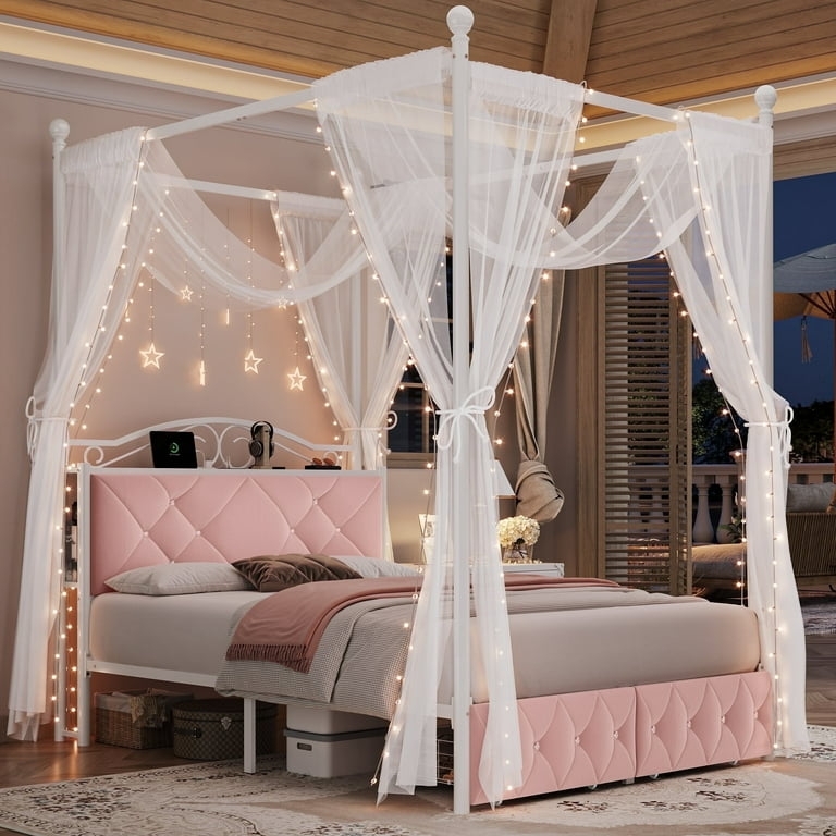 White Canopy Bed with Pink Diamond-Tufted Velvet Storage Base