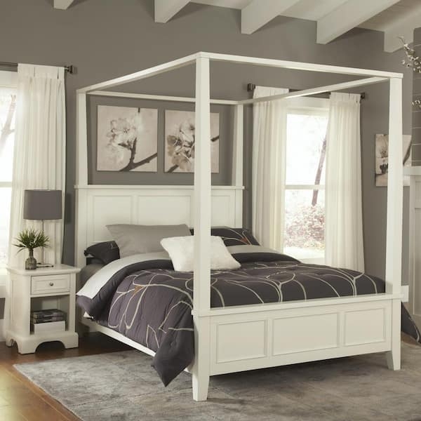 White Canopy Bed with Recessed Paneled Headboard and Square Posts