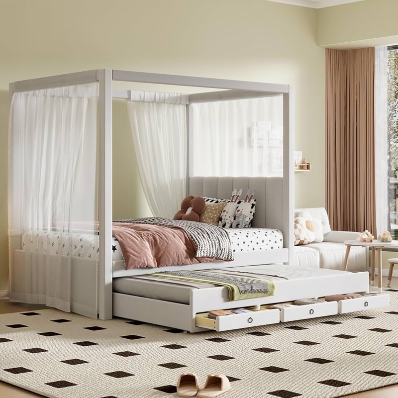 White Canopy Bed with Sheer Curtains and Trundle Storage