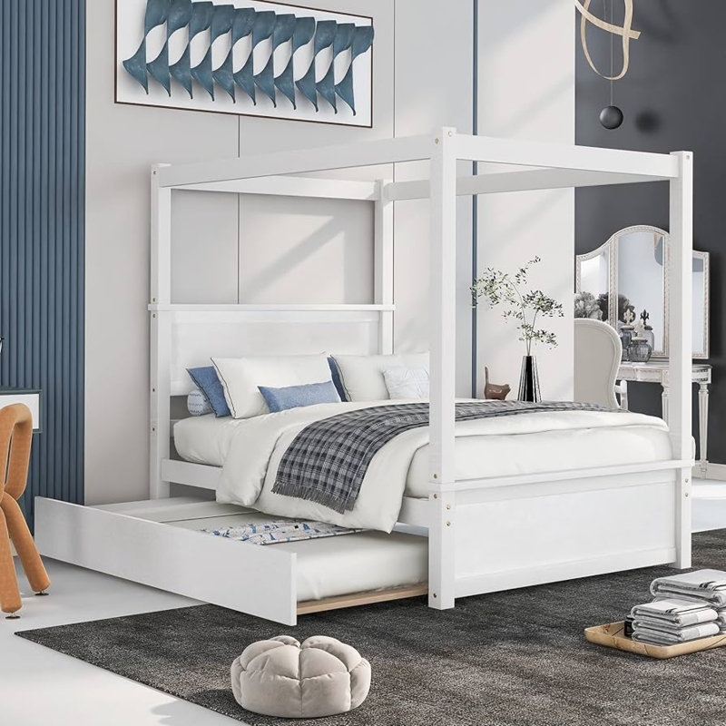 White Canopy Bed with Trundle, Modern Wood Frame for Kids or Teens