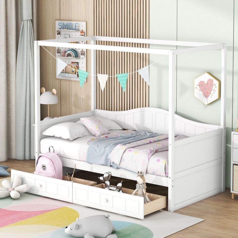 White Canopy Daybed with Wavy Backrest and Underbed Storage Drawers