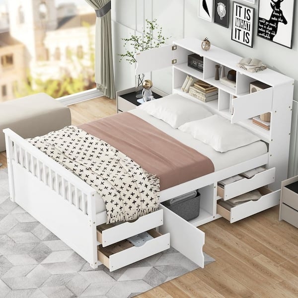 White Captain Storage Bed with Bookcase Headboard and Slatted Footboard