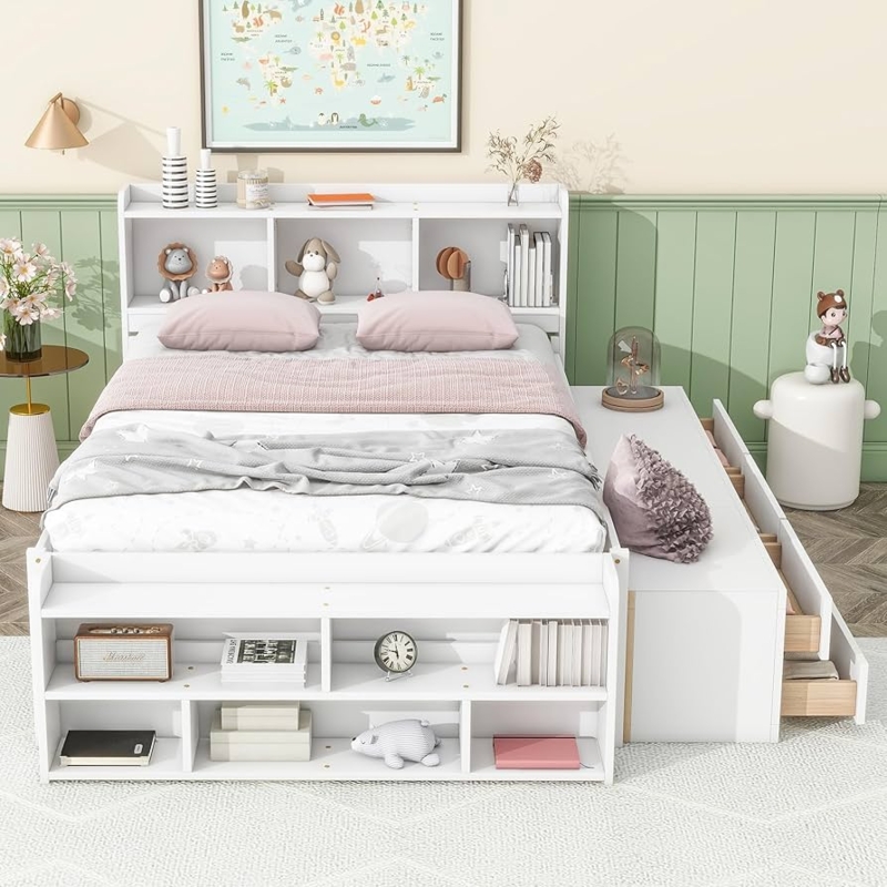 White Captain's Bed with Bookcase Headboard and Footboard Shelving.