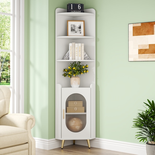 White Corner Bookcase Gold Tapered Legs Oval Glass Door Modern Glam