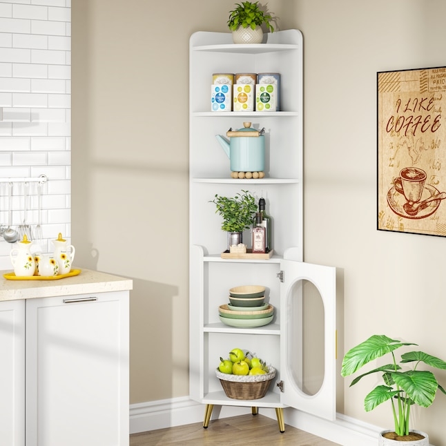 White Corner Bookcase Gold Tapered Legs Oval Window Door Mid-Century