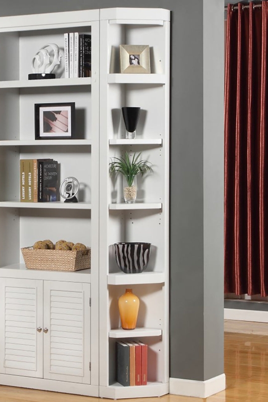 White Corner Bookcase Louvered Doors Outside Corner Coastal Modular