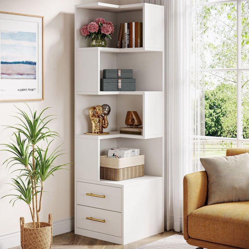 White Corner Bookcase: Staggered Shelves & Bottom Drawers