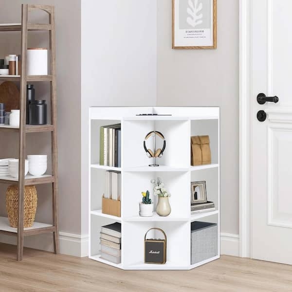 White Corner Cube Storage with Nine Cubbies and Outlets
