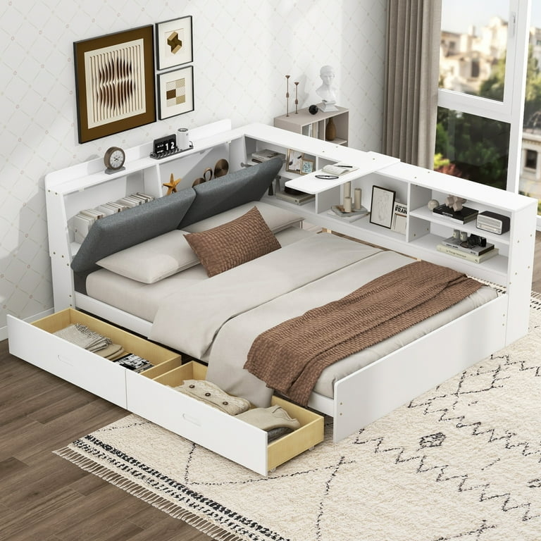White Corner Storage Bed with Bookcase Surround and Pull-Out Tray