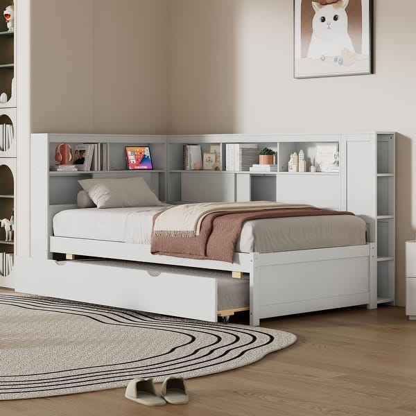 White Corner Storage Daybed with Trundle and Side Shelving Tower