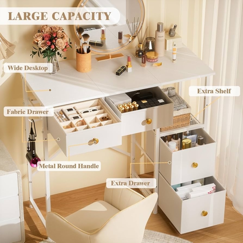 White Fabric Drawer Vanity with Integrated Shelving and Side Hook
