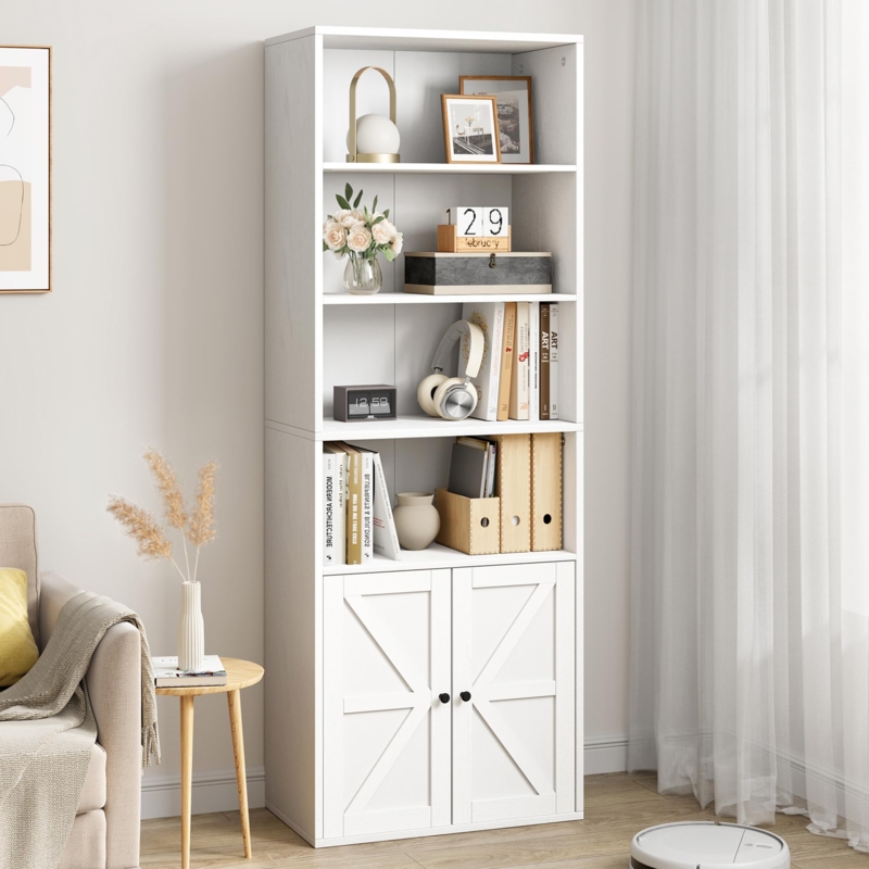 White Farmhouse Bookcase with X-Brace Cabinet Doors