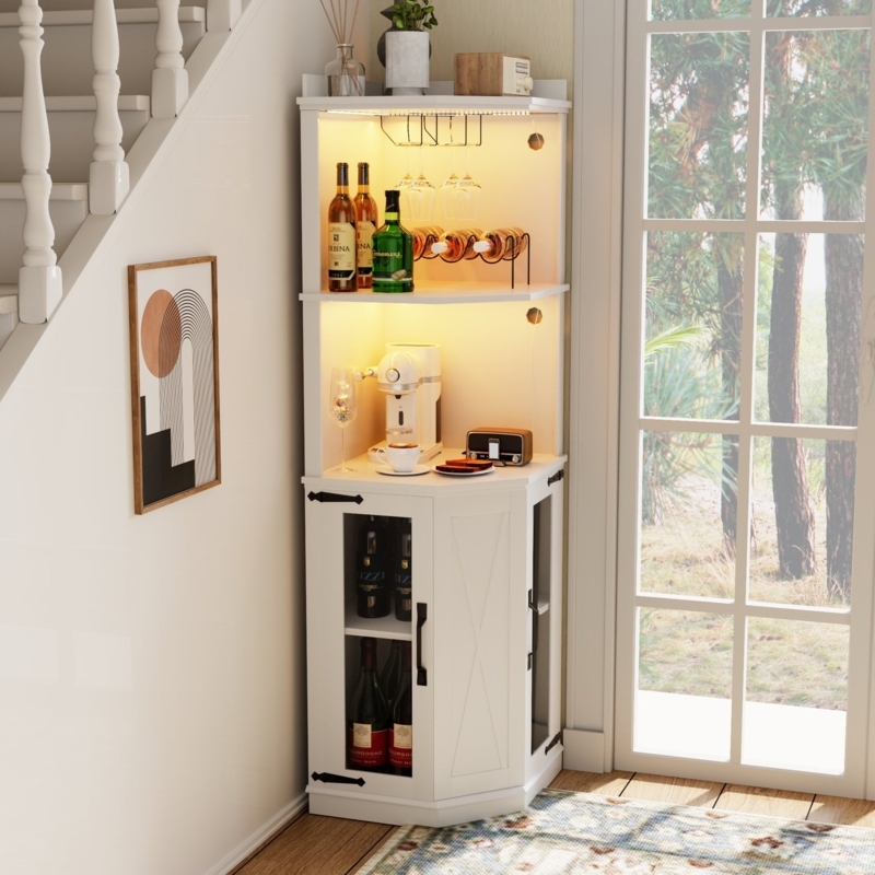 White Farmhouse Corner Bar Cabinet with Built-in Lighting