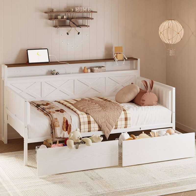 White Farmhouse Daybed, X-Frame Headboard with Storage Drawers