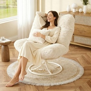 White Faux Fur Papasan Chair with Shaggy Cushion and Metal Swivel Base