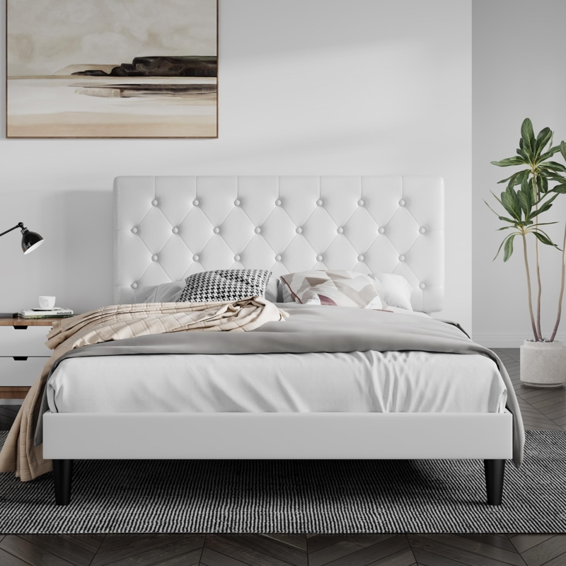 White Faux Leather Platform Bed with Diamond Tufted Headboard