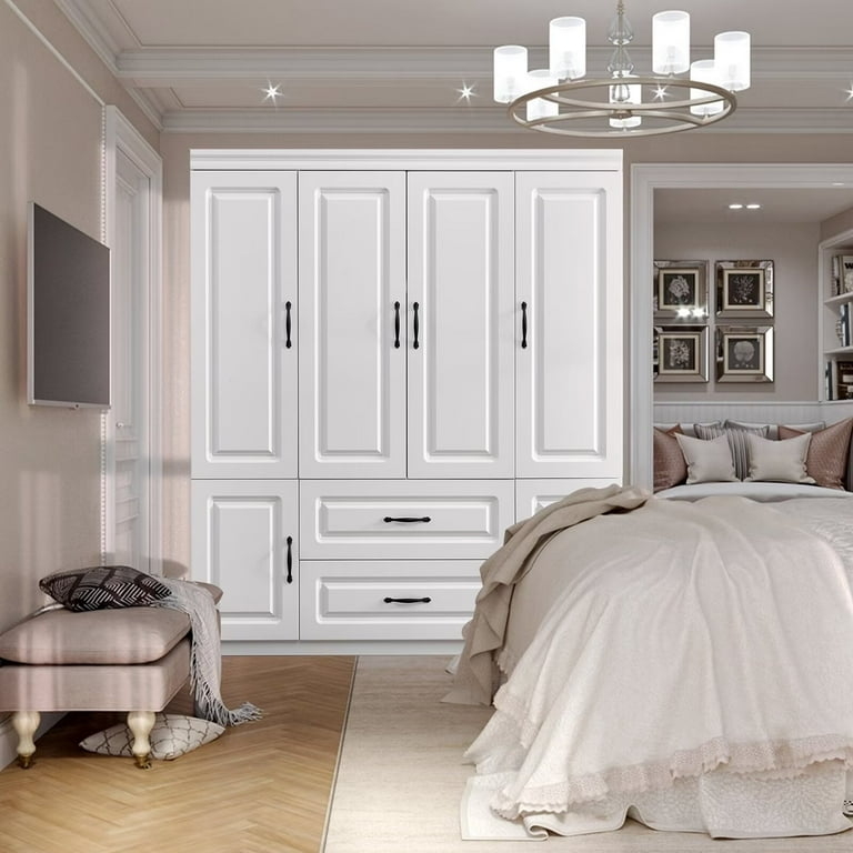 White Four Door Bedroom Armoire with Matte Black Pull Handles