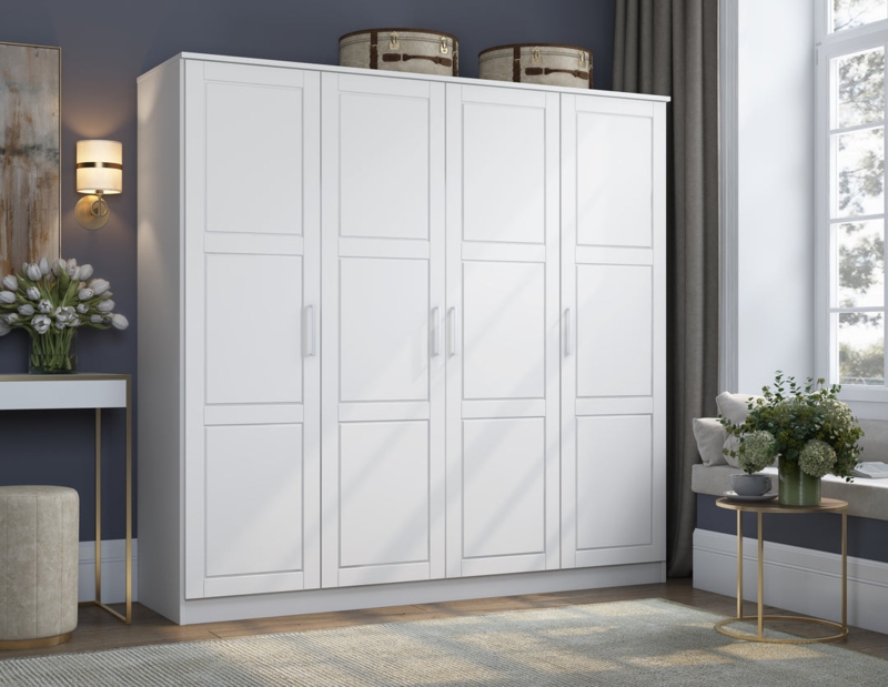 White Four Door Wardrobe with Raised Panels and Slim Pull Handles