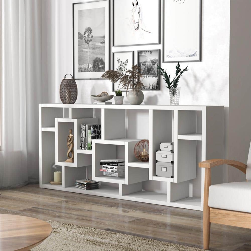 White Geometric Bookcase with Asymmetrical Shelving and Matte Finish