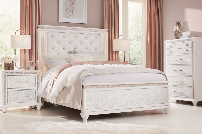 White Glam Panel Bed with Crystal Accents and LED Lighting