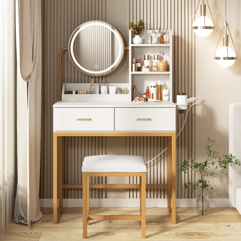 White & Gold Vanity with Halo Mirror, Shelves & Hair Dryer Holder